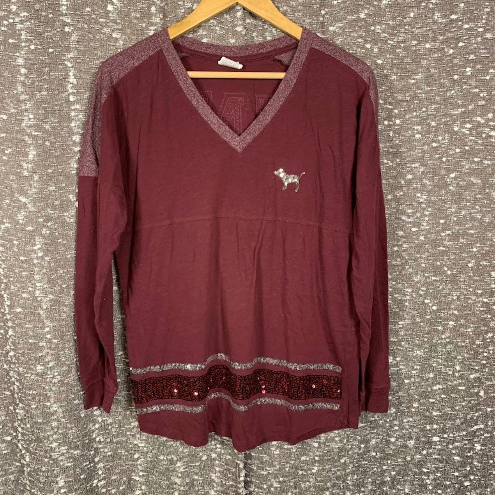 PINK Victoria's Secret Maroon V-Neck Long Sleeve Sequin Dog Jersey Shirt Small